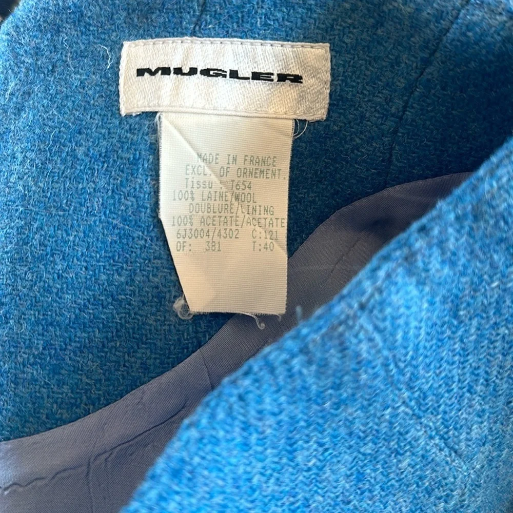 Mugler Vintage Blue Wool Tweed Mini Pencil Skirt - Picture 2 of 7